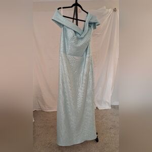 Terani Couture One Shoulder Shimmer Dress in Ice  Blue Metallic jacquard